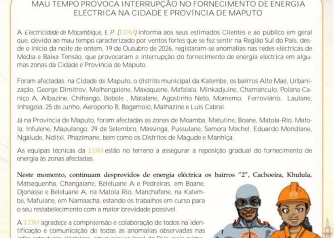 Mau tempo provoca interrupção no fornecimento de energia eléctrica em Maputo – Verdade